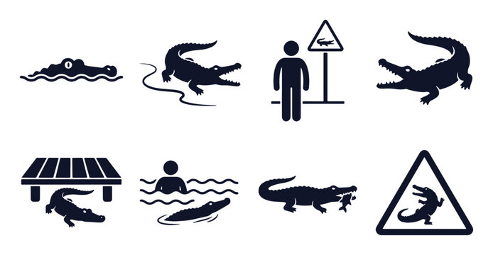 Crocodile danger icon set. Stick figure black silhouettes &ndash; swimming near alligator, attack warning sign, predator near dock. Flat vector pictograms