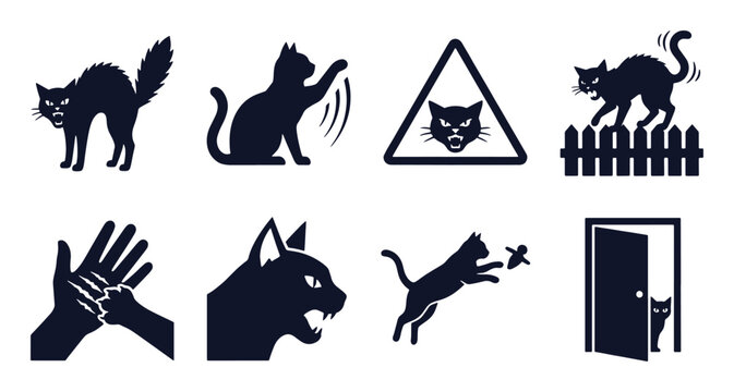 Aggressive cat icon set. Stick figure black silhouettes &ndash; claw scratch, jump attack, angry face sign, feline behind door, fence warning. Flat vector pictograms