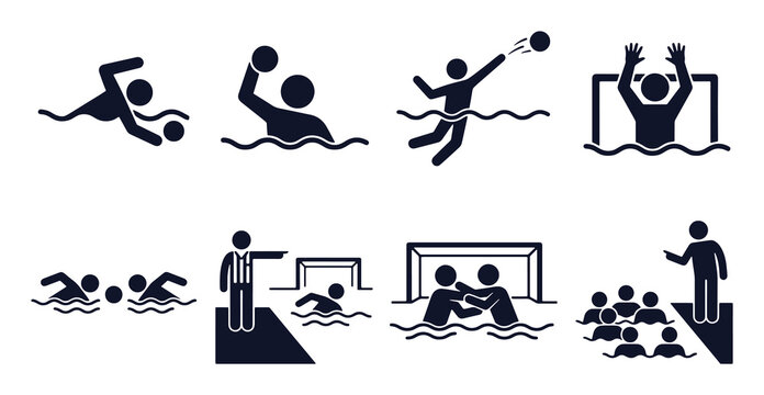 Water polo icon set. Stick figure black silhouettes &ndash; swimmer with ball, goalie block, shot on goal, referee call, team timeout. Flat vector pictograms