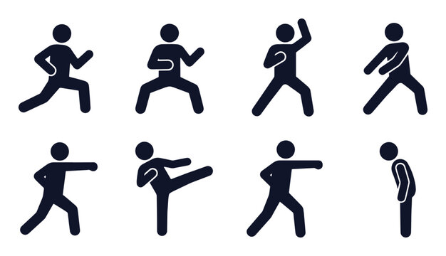 Karate icon set. Stick figure black silhouettes &ndash; front stance, high block, side kick, back fist strike, bow to instructor, horse stance. Flat vector pictograms