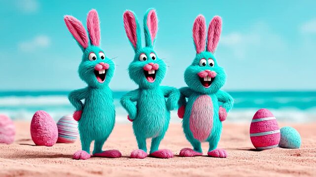 Easter bunnies dancing on a tropical beach, surrounded by colorful Easter eggs, creating a joyful holiday scene with exotic island vibes, gentle ocean waves, and a dreamy paradise getaway
