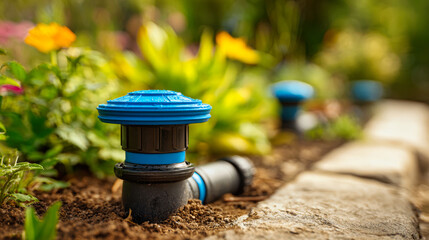 Drip system waters plants using pipes and blue caps, showing flower beds in the background. Water flows from underground for efficient gardening
