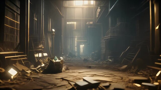 A dimly lit, derelict industrial corridor with fragmented structures and puddles. Light streams from above.  Atmospheric, with a desolate mood
