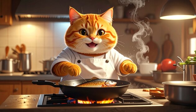 Anime 3D style illustration of a chubby fat orange cat wearing a butcher outfit with a white apron, inside a small cozy kitchen, frying a fish in a pan on the stove. Hot oil sizzling with light smoke 