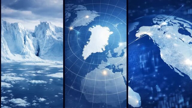 Geopolitical focus on Greenland with elements of Arctic landscapes, security, and global connections in recent news content