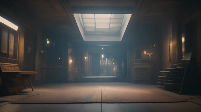 A dimly lit interior scene depicts a long, spacious room with a prominent overhead light. A bench, candles, and archways add depth