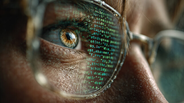Extreme macro close-up of computer code reflecting in a programmer's glasses at night
