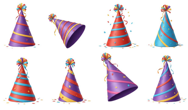 Party hats and birthday caps realistic 3D vector icon set