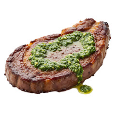 Juicy Beef Steak Topped with Green Herb Salsa, Clean Cut-out on Transparent Background