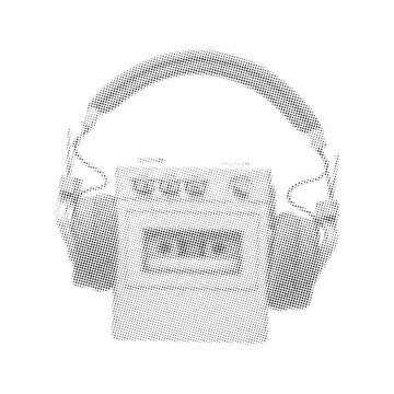 Retro portable cassette player with headphones in halftone dot style. Vintage vector illustration of music walkman equipment on white background.