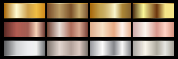 Collection of gold silver bronze and rose gold gradient texture background vector