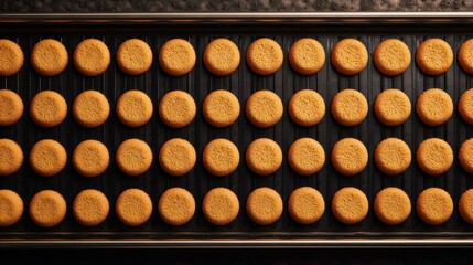 Perfectly baked round cookies arranged in uniform rows on a black baking tray