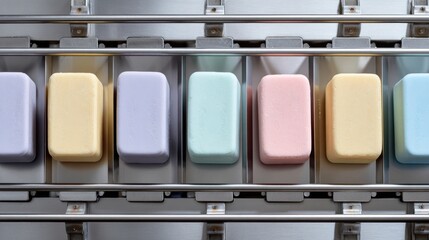 Pastel colored soap bars arranged in neat rows on a stainless steel conveyor belt in a modern factory environment.