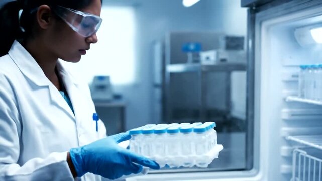 Scientist in lab coat handling cryogenic storage container in laboratory freezer.