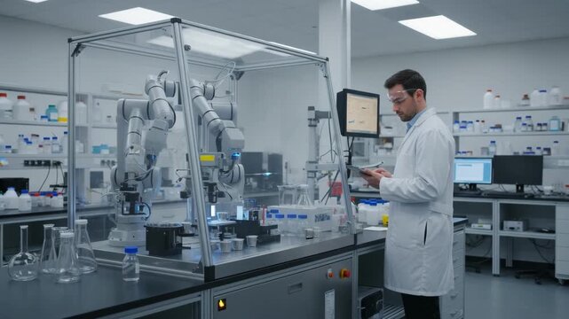 Medium shot of an inlab robotic assay machine with a technician monitoring automated gold purity analysis