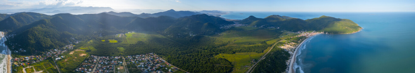 Fototapeta premium Aerial panorama of the Brazilian coastline, the area of the town of Acores on the island of Santa Catarina, Florianopolis, Brazil