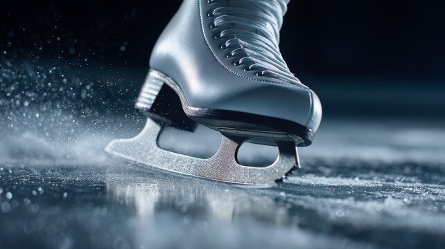 A close-up of a silver figure skating boot gliding on ice, creating a spray of ice shavings. The scene captures the essence of winter sports and competitions.
