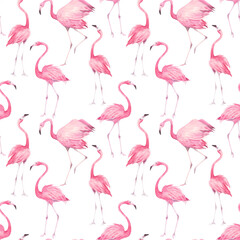 Animal seamless pattern with pink flamingos. © natikka