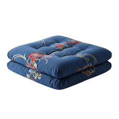 Blue floral patterned floor cushion, decorative textile accessory isolated for design.