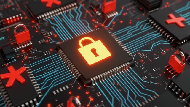Glowing red lock icon on central microchip surrounded by red X-marked chips and blue circuit lines on dark background.