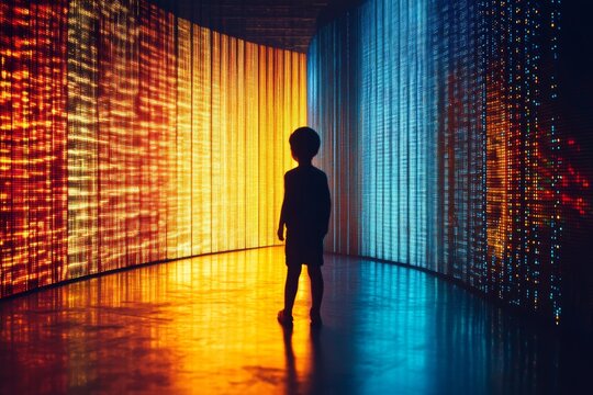 Child silhouette in vibrant digital tunnel with multicolored led lights