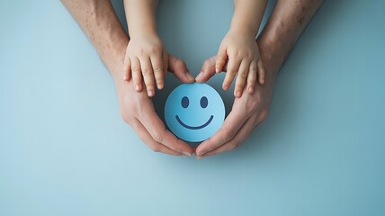 Hands of adults and children holding a blue smiley face on a light blue background