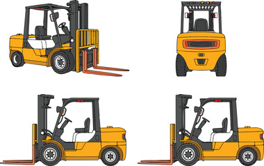Yellow forklift machinery collection featuring side front and back views for industrial use