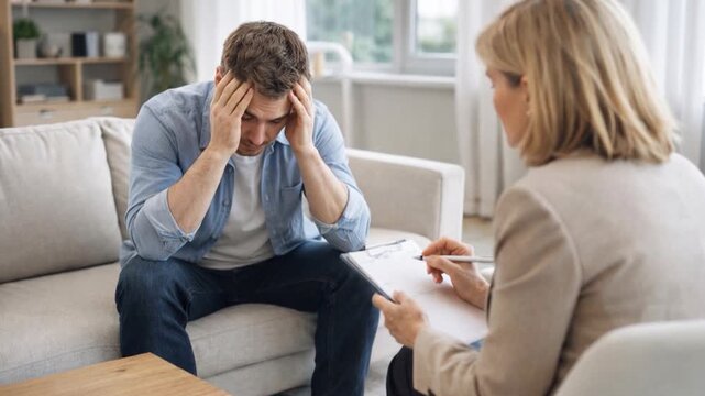 Professional psychologist carefully making notes during a treatment interview.
