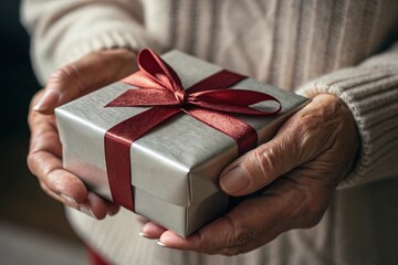 Close up of an elderly person presenting a beautifully decorated holiday present expressing love and care