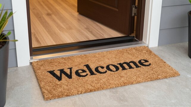 Welcome mat at open front door of house