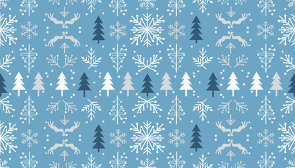 Seamless winter holiday pattern with snowflakes reindeer and pine trees on a blue background © Vector Artist