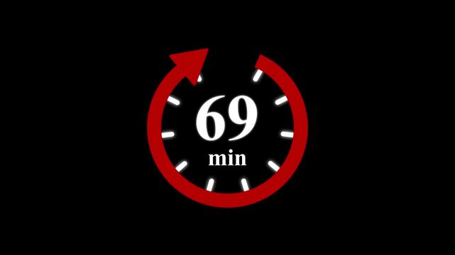 Red clock with 69 minute and circular arrows timer animation on transparent background. Motion graphics of time count symbol