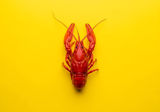 Bright red crawfish on a vibrant yellow background