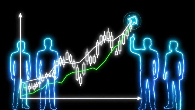 Neon silhouettes observe stock market upward trend and glowing charts.