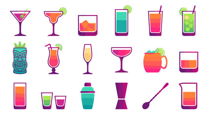 Cocktail bar drinks icon set vector. Martini margarita glass collection. Modern gradient bar tools. Tiki mug champagne shot glass shaker. Alcohol beverage menu design elements