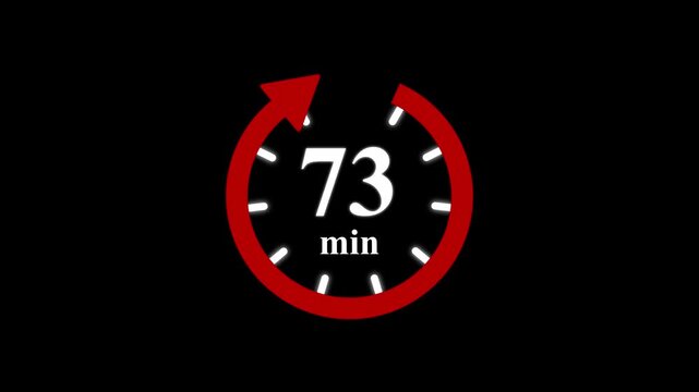 Red clock with 73 minute and circular arrows timer animation on transparent background. Motion graphics of time count symbol