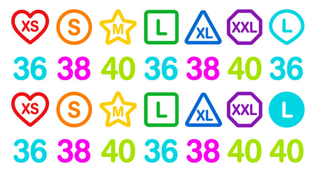 Colorful clothing size labels vector icon set. Flat fashion tags for retail. Garment symbols collection. XS S M L XL XXL stickers. Vibrant circle icons. Modern shopping design badge.