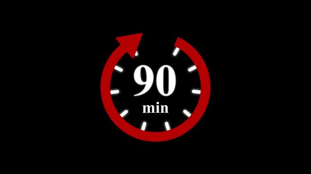 Red clock with 90 minute and circular arrows timer animation on transparent background. Motion graphics of time count symbol