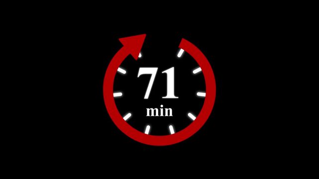 Red clock with 71 minute and circular arrows timer animation on transparent background. Motion graphics of time count symbol