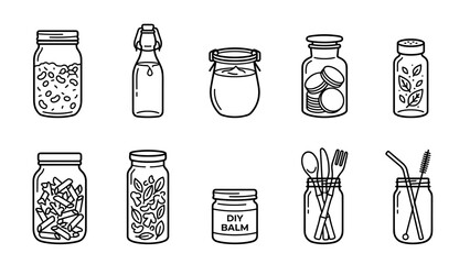 Obraz premium Set of 10 Minimalist Line Art Icons Featuring Zero Waste Glass Jars, Reusable Bottles, and Sustainable Kitchen Storage. Perfect for Eco-Friendly Lifestyle, DIY Balm, and Plastic-Free Living Designs.