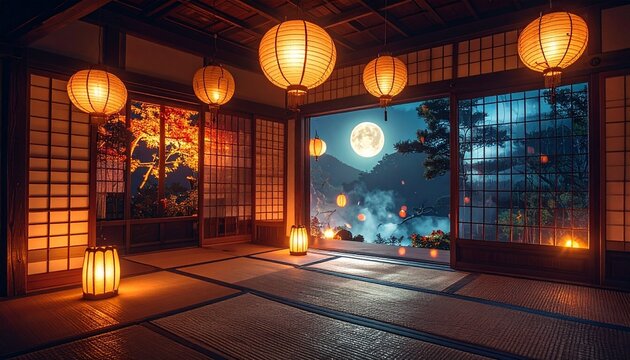 Serene Japanese Room Illuminated by Lanterns Under a Full Moon.