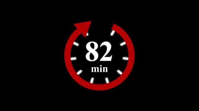 Red clock with 82 minute and circular arrows timer animation on transparent background. Motion graphics of time count symbol