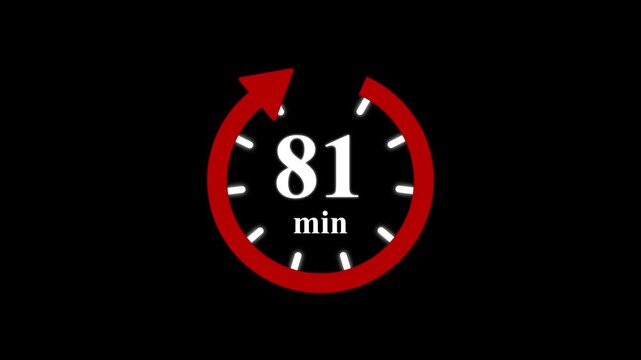 Red clock with 81 minute and circular arrows timer animation on transparent background. Motion graphics of time count symbol