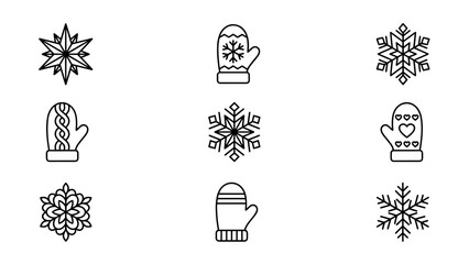 Set of 9 minimalist winter line art icons featuring unique snowflakes and cozy mittens in a neatly ordered grid; perfect for seasonal holiday designs, weather apps, and winter branding elements.
