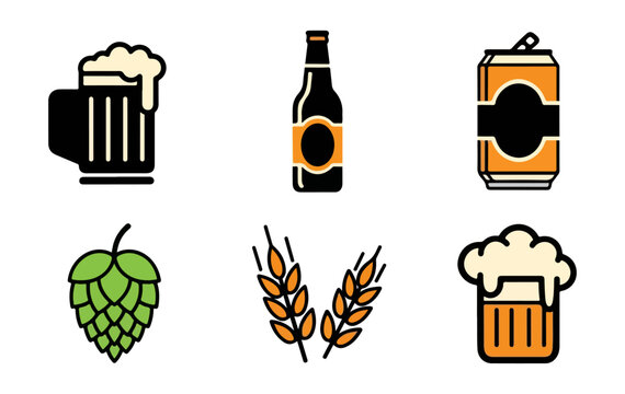 Beer icons set glass bottle can hops barley on black