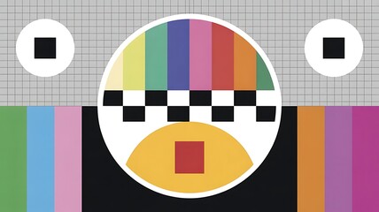 Vintage television test pattern with colorful bars and geometric shapes on gray grid background