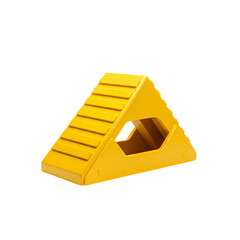 Heavy duty yellow plastic wheel chock for vehicle safety, isolated subject