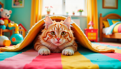 Ginger cat hiding under blanket in colorful children's room  