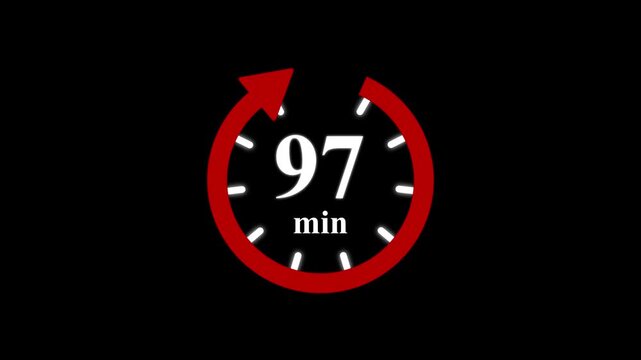 Red clock with 97 minute and circular arrows timer animation on transparent background. Motion graphics of time count symbol