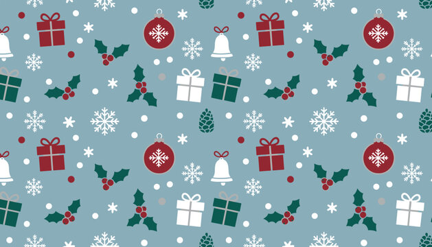 Seamless Christmas pattern with gifts snowflakes holly and festive elements on a blue background